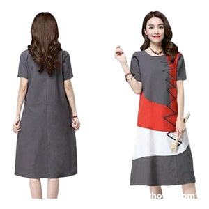 Women Short Sleeve Dress Patchwork Round Neck Loose Casual Dress for Summer Gray